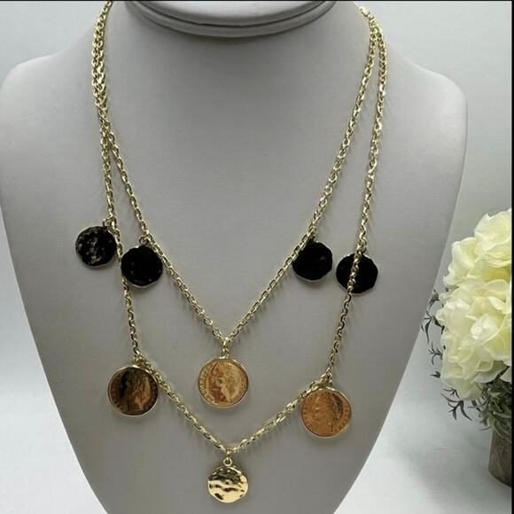 Bellezza Designer Gold Plated Double Strand 100 Lira Italy Coin Layered Necklace - Picture 1 of 13